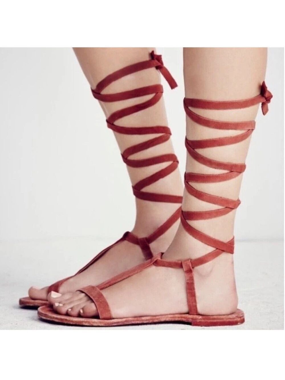 Free People Dahlia Tall Lace Up Gladiator Sandals Terracotta Red Size 6.5 EUR 37